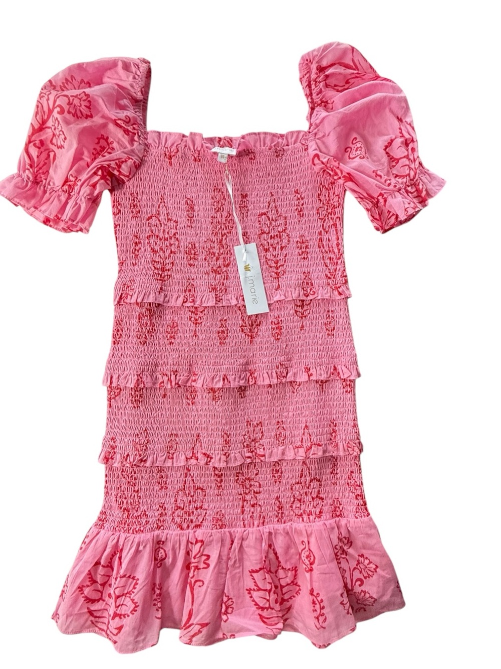 J.Marie Girls Smocked Tiered Dress Pink Floral Print Size 14 Puff Sleeve NWT - Picture 3 of 8